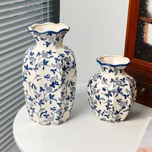 New Traditional Blue and Porcelain Vase, Vintage Floral Pattern Decorative Bottle, Hexagonal Ceramic Flower Arranger, Home Decoration
