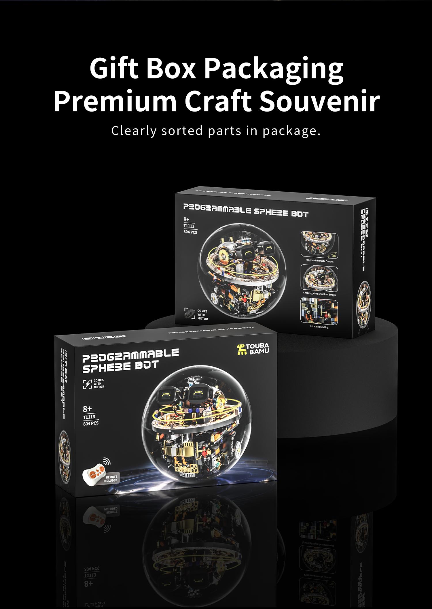 Transparent Spherical Robot Building Block Set, Programmable RC Robot with LED Expression & Cyberpunk Lights, STEM Educational Toy for Kids 8–13, Ideal Holiday & Birthday Gift for Children