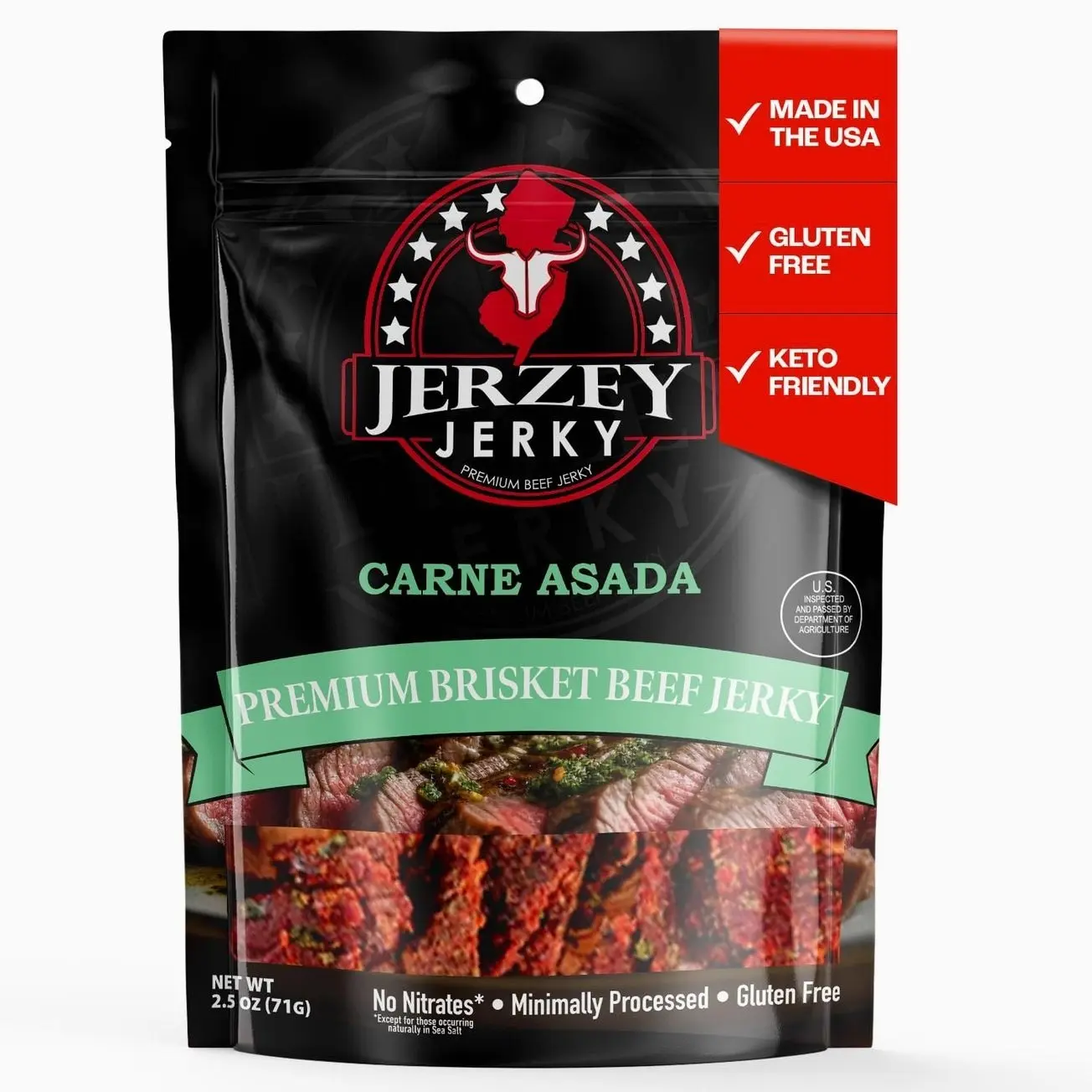 Jerzey Jerky Carne Asada Brisket Jerky 2.5oz – High Protein, Gluten Free and Healthy Beef Snacks with Rich, Authentic Flavor