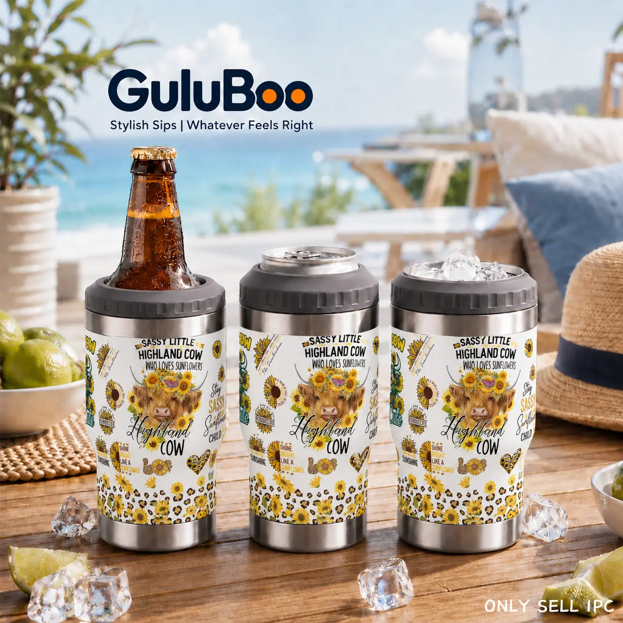 GuLuBoo 4-in-1 Highland Cow & Sunflower Insulated Can Cooler Tumbler, 12oz Stainless Steel Double Wall Vacuum Flask Drinkware, 2 Lids & Built-in Bottle Opener, Fits All Cans & Bottles, Portable Coffee Cup & Travel Mug Gifts for Animal Lovers