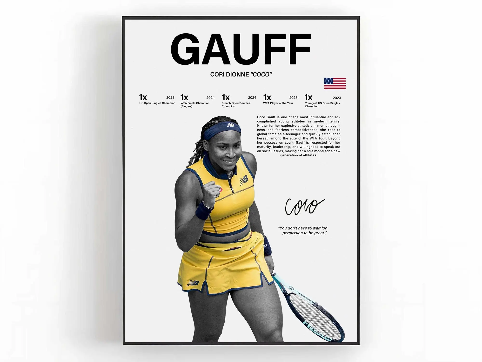 Coco Gauff Poster Tennis Wall Art Sports Room Decor Tennis Fan Gift ( Unframed - Print Only )