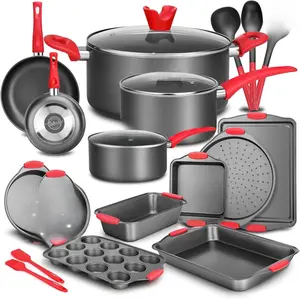 NutriChef 21-Piece Nonstick Cookware Set - PTFE/PFOA/PFOS Free Heat Resistant Lacquer Kitchen Ware Pots Pan w/ Cool-Touch Handles, Saucepan, Fry Pans, Lid, Bakeware, For Gas Electric Ceramic Cooktops