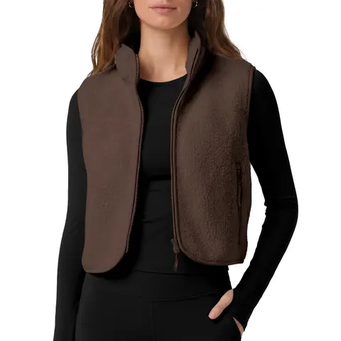Songling Women's Cropped Fleece Vest - Zip-Up Stand Collar, Snow Leopard Print, Relaxed Fit, Zipper Pockets, Hemmed Cuffs, Basic Beige, Hoodie-Ready Layer, Tops for Women, Fall & Winter Casual Wear