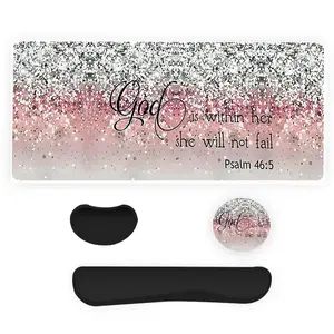 Glitter Bible Verse Mouse Pad & Keyboard Wrist Rest & Coasters Set, Ergonomic Wrist Support, Waterproof Computer Mat, Suitable for Home Office Gaming