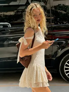 Women's Beige Lace Short Dress with One Shoulder Bow Tie Design, Slim Fit Sweet Style Party Gown, Irregular Hemline Bodycon Cake Dress