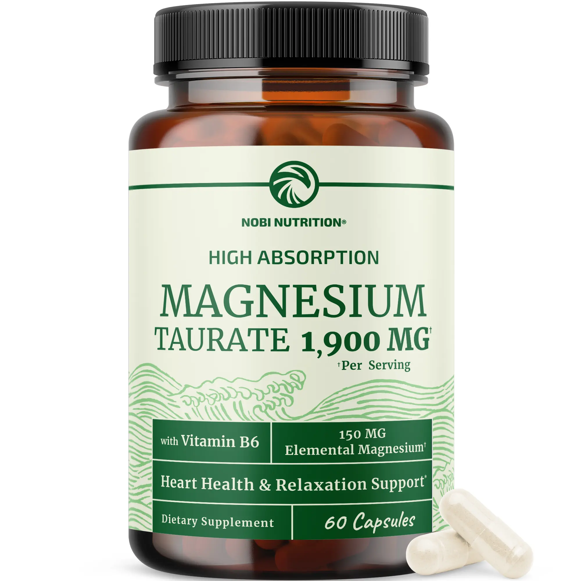 Nobi Nutrition High Absorption Magnesium Taurate 1900mg with Vitamin B6 & BioPerine for Heart Health & Relaxation Support 60 Capsules