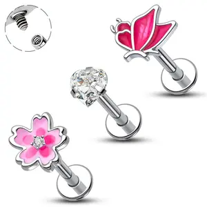 Oufer 16G 3PCS Internally Threaded Flower/Clear CZ/Butterfly Cartilage Studs Set