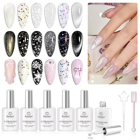 Beetles 8Pcs 10ml Bottle Nail Care Cosmetic Glitter Gel Top Coat Set - Holographic, Cat Eye, No-Wipe, Low Odor, Flash Powder, Glossy, Long-Lasting Soak-Off UV LED Cured Manicure, Christmas-Themed Gift-Ready for Adults