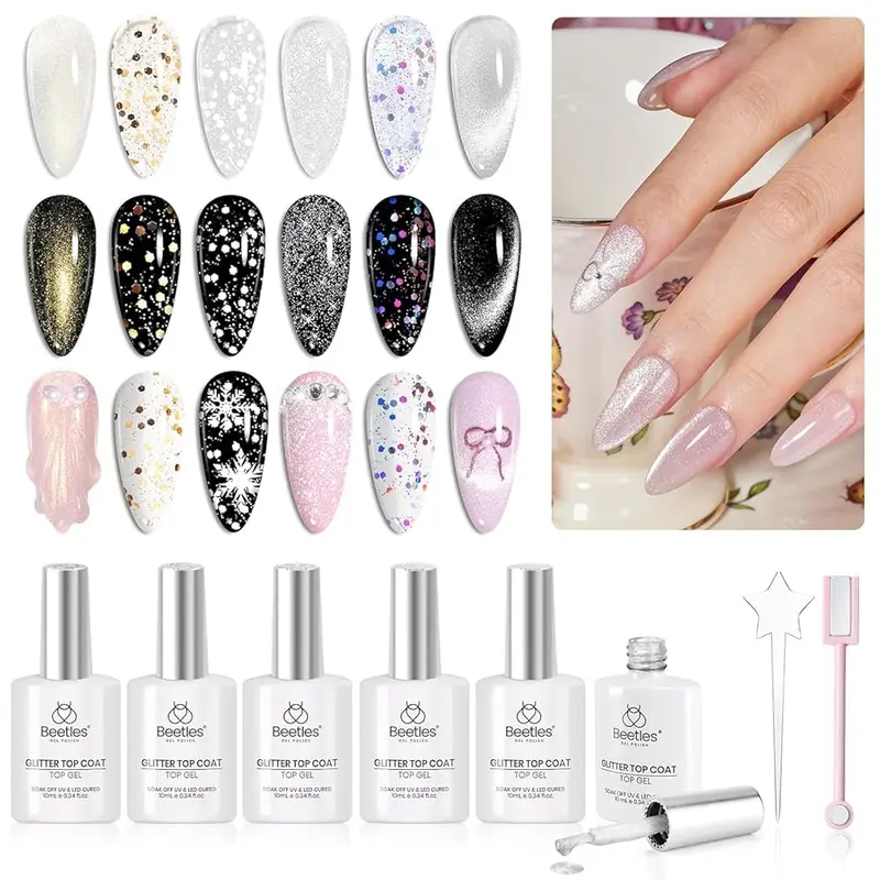 Beetles 8Pcs 10ml Bottle Nail Care Cosmetic Glitter Gel Top Coat Set - Holographic, Cat Eye, No-Wipe, Low Odor, Flash Powder, Glossy, Long-Lasting Soak-Off UV LED Cured Manicure, Christmas-Themed Gift-Ready for Adults