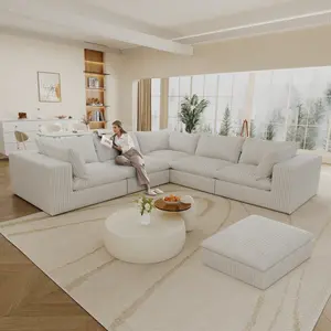118.2" Cloud Sofa Couches, L Shaped Modular Boneless Sofa with Ottoman, Cloud Sectional Couches for Living Room, Deep Seat Corduroy Upholstered Couch Furniture Set, No Assembly Required, 6 - Seater, White