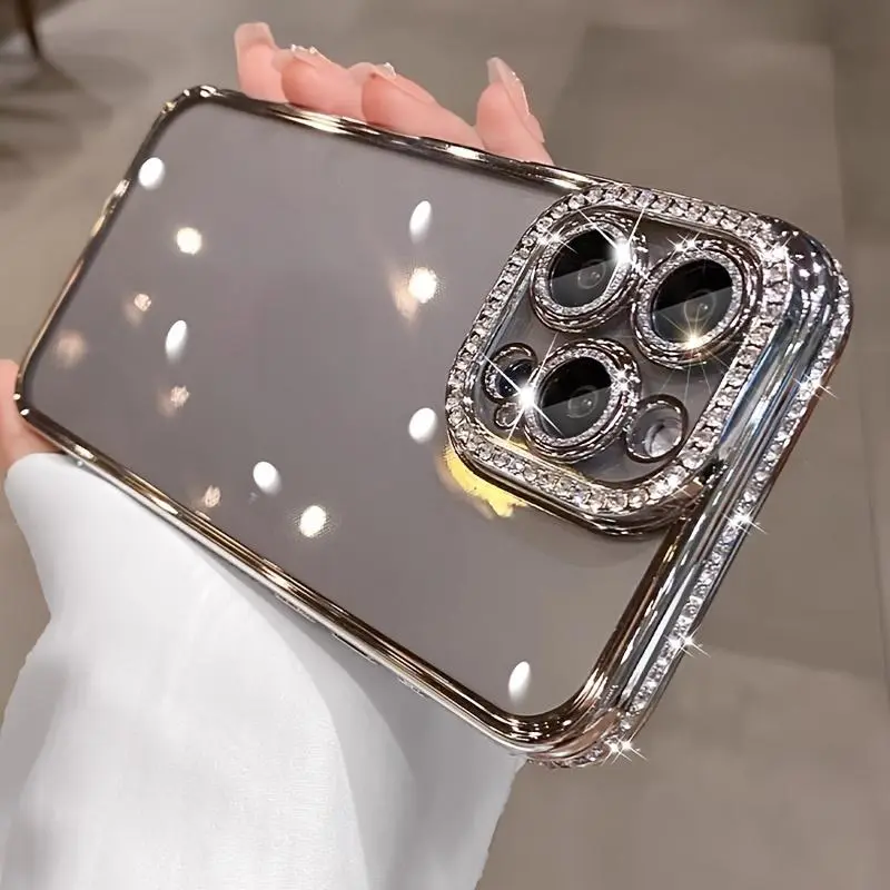 Luxury Shiny Crystal Clear Plating Phone Case for Phone 11/12/13/14/15/16/17 Pro Max Plus Shockproof with Glitter Camera Lens Protector Back Cover