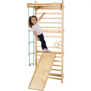 VEVOR Swedish Wall Gym, 15 - Level 5 in 1 Wooden Indoor Jungle Gym, 220 lbs Load Capacity Playground Climbing Toys with Pull - Up Bar, Gymnastic Rings, Wall Ladder, Rope Ladder, and Slide BoardHoliday gifts