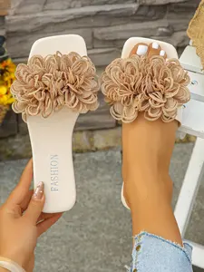 Women's Fashionable Flower Decorated Slide Sandals, Casual Comfortable Flat Sandals for Beach Vacation, Lightweight Breathable Shoes for Daily Wear, Summer