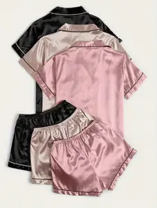 Silky Lounge Luxe 6-Piece Pajama Set for Women – Satin Short Sleeve Shirt & Elastic Waist Shorts (3 Colors)