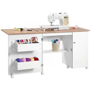 GAOMON 63" x 19" x 29.5" Folding Sewing Table with Storage, Large Sewing Machine Table with Shelves & Lockable Wheels, Multi-Functional Craft Desk Sewing Cabinet with Compact Design.