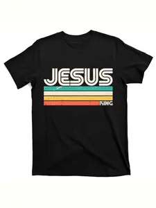Men's Streetwear Graphic Jersey T-Shirt, Jesus King Letter Print Design, Comfortable Short Sleeve Shirt for Daily Wear, Summer Fitted Long Tee