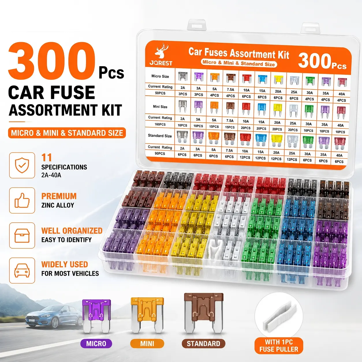 JOREST 300-Piece Heat Resistant Zinc Alloy Plastic Automotive Fuse Kit with Quick-Install Puller - 160 Mini, 90 Standard, 50 Micro Blade Fuses (2A-40A, 11 Specs) for Car, Motorcycle, Camper, Boat Emergency Repairs, Emergency Kits, Motorcycles