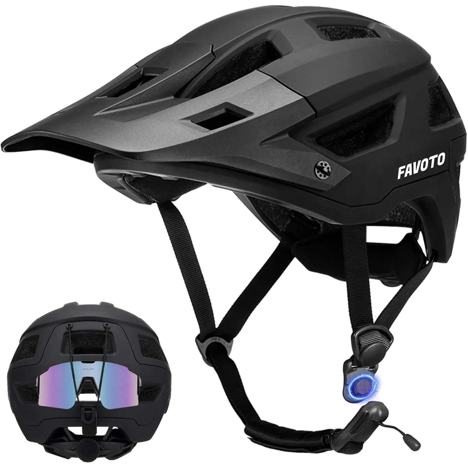 Favoto Unisex Mountain Bike Helmet for Riders, 335g Impact-Safe PC Shell, EPS Foam Liner, 51 to 62cm Fit, Elastic Strap, Magnetic Buckle, 1-Hand Lock, Removable Visor, Lightweight for Off-Road Cycling