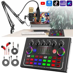 F009 DJ mixer with BM800 microphone kit - professional sound card and voice converter for live podcast games, 10 sound effects, Bluetooth noise reduction, suitable for USB on laptops and iPads