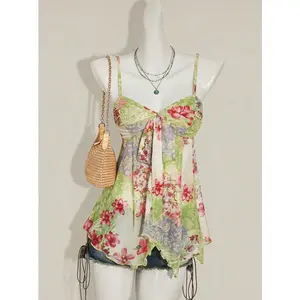 Meghana Women's Flower Print Camisole Mesh Tank Top, Casual For Summer Beach Vacation, Halter Top