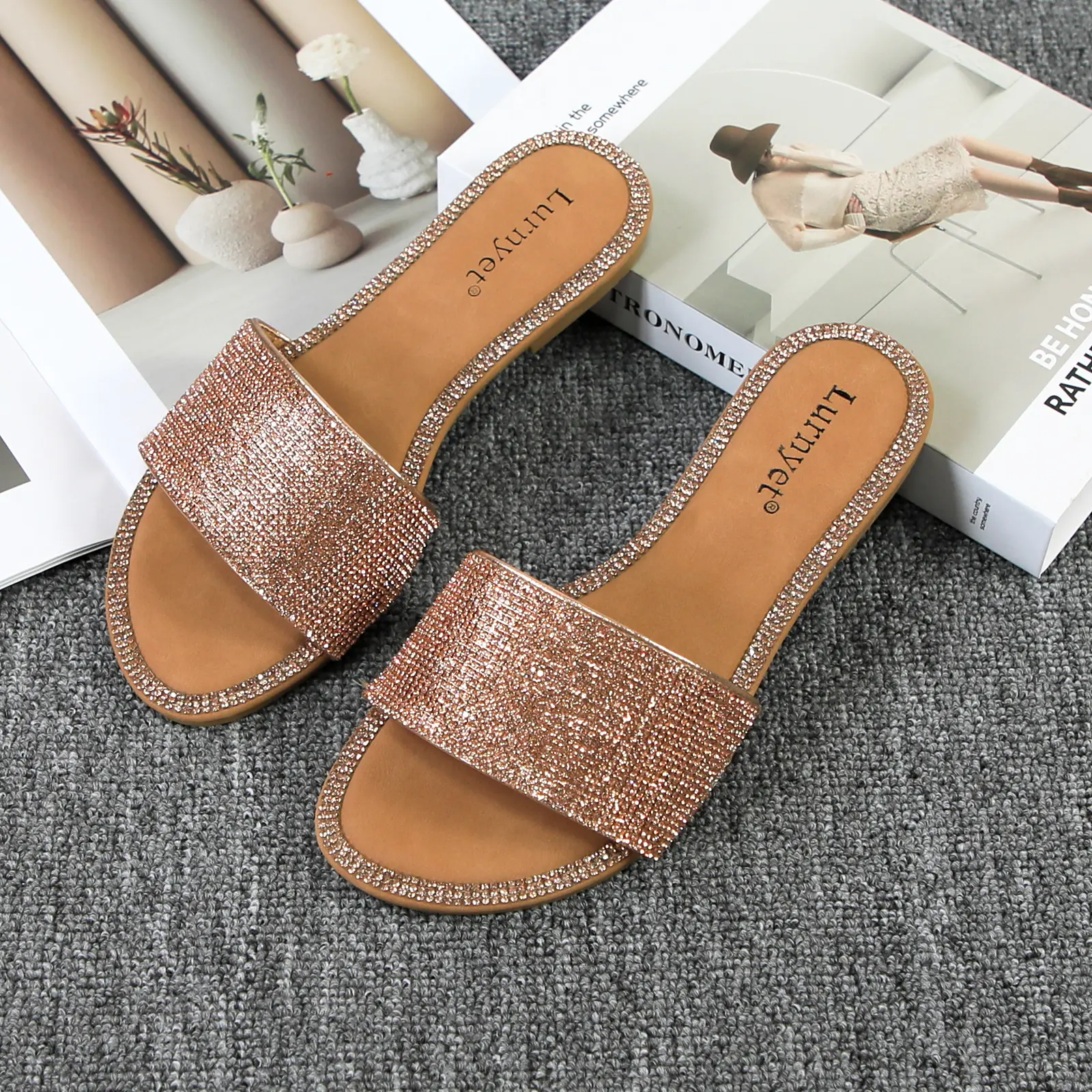 Women Bling Rhinestone Slide Sandals Square Toe Flat Slip On Slippers, Sparkly Full Diamond Strap Comfort Open Toe Slides, Summer Beach Party Casual Dress Shoes White resistant luxury cozy footwear plush breathable versatile daily wear