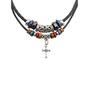 Unisex Boho Style Drawstring Layered Beaded Necklace, Trendy Chic Vintage Retro Necklace, Gorgeous Jewelry As Birthday Gift for Girlfriend & Boyfriend, Cross Charm Necklace