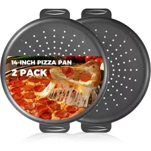 2 Pack Pizza Pan 14 Inch with Holes, Rust-Free Nonstick Pizza Pan for Oven, 0.8mm Carbon Steel Perforated Pizza Tray with Wider Handles, Round Baking Sheet for Frozen & Homemade Pizza, Grey