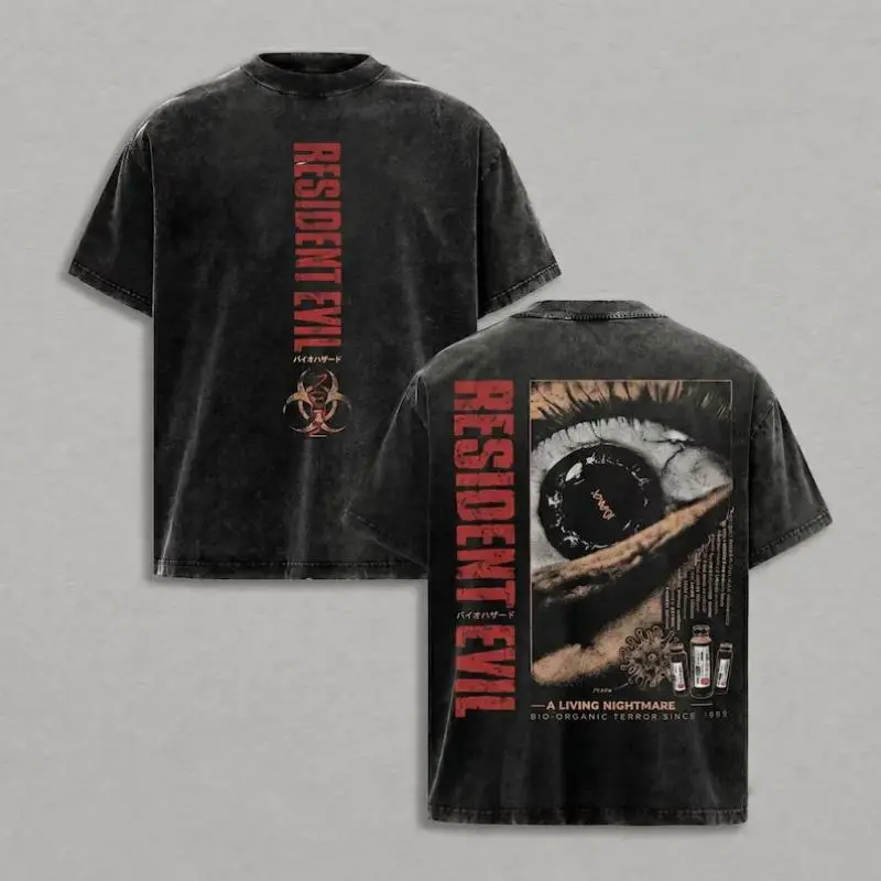 Black Washed Resident Evil A Living Nightmare Biohazard Eye and Virus Graphic T Shirt for Men Oversized Short Sleeve Crewneck Cotton Tee Casual Streetwear Top for Horror Game Fans and Everyday Wear