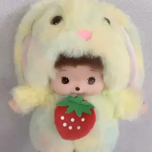 Strawberry Bunny Monchhichi Plush Keychain Butter Yellow Rabbit with Blue Ombre & Red Strawberry Detail Cute Gift for Her Soft Plush Fabric Mini Size