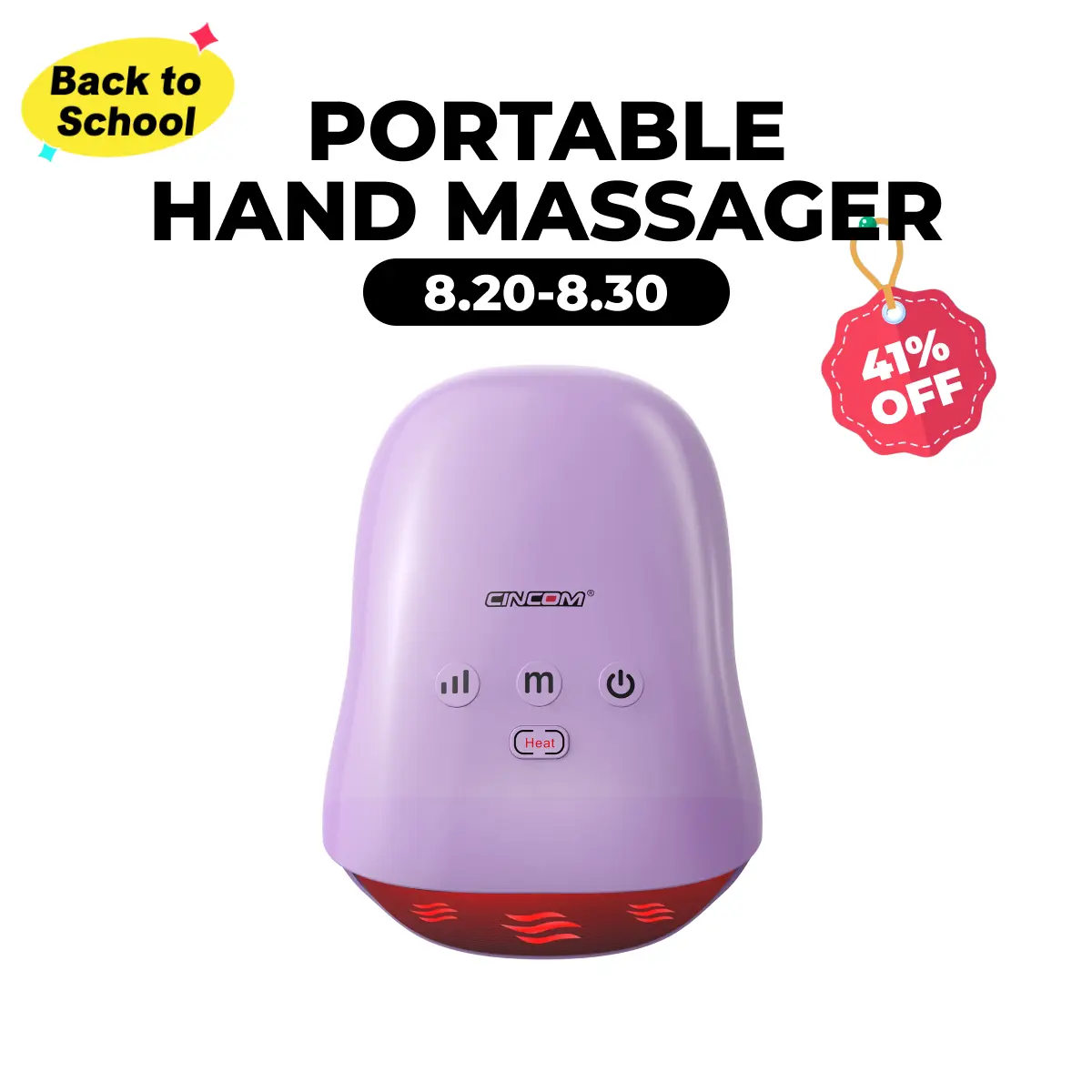CINCOM Cordless Vibratory Hand Massager (Purple) - Portable Pain Relief, Multi-Mode Massage Device with Comfort Heat, Adjustable Settings, Auto-Off, Rechargeable, Ideal Choice for Gifts