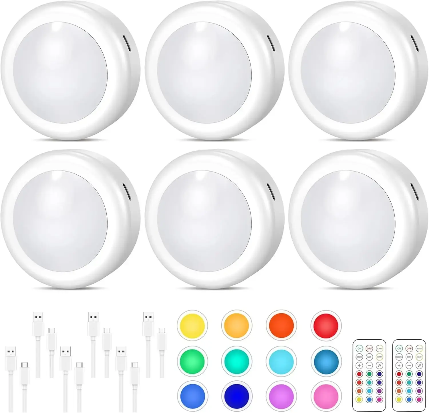 Rechargebale Under Cabinet Lights, Wireless Magnetic Dimmable LED Puck Lights, Closet Lights with Remote 12 RGB Color for Wardrobe Kitchen Bathroom Shelf