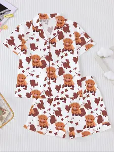 Cute Scottish Highland Cow Print Kids Cartoon Print Pajama Set, Fire Retardant Button Front Short Sleeve Shirt and Elastic Waist Shorts, Casual All Seasons