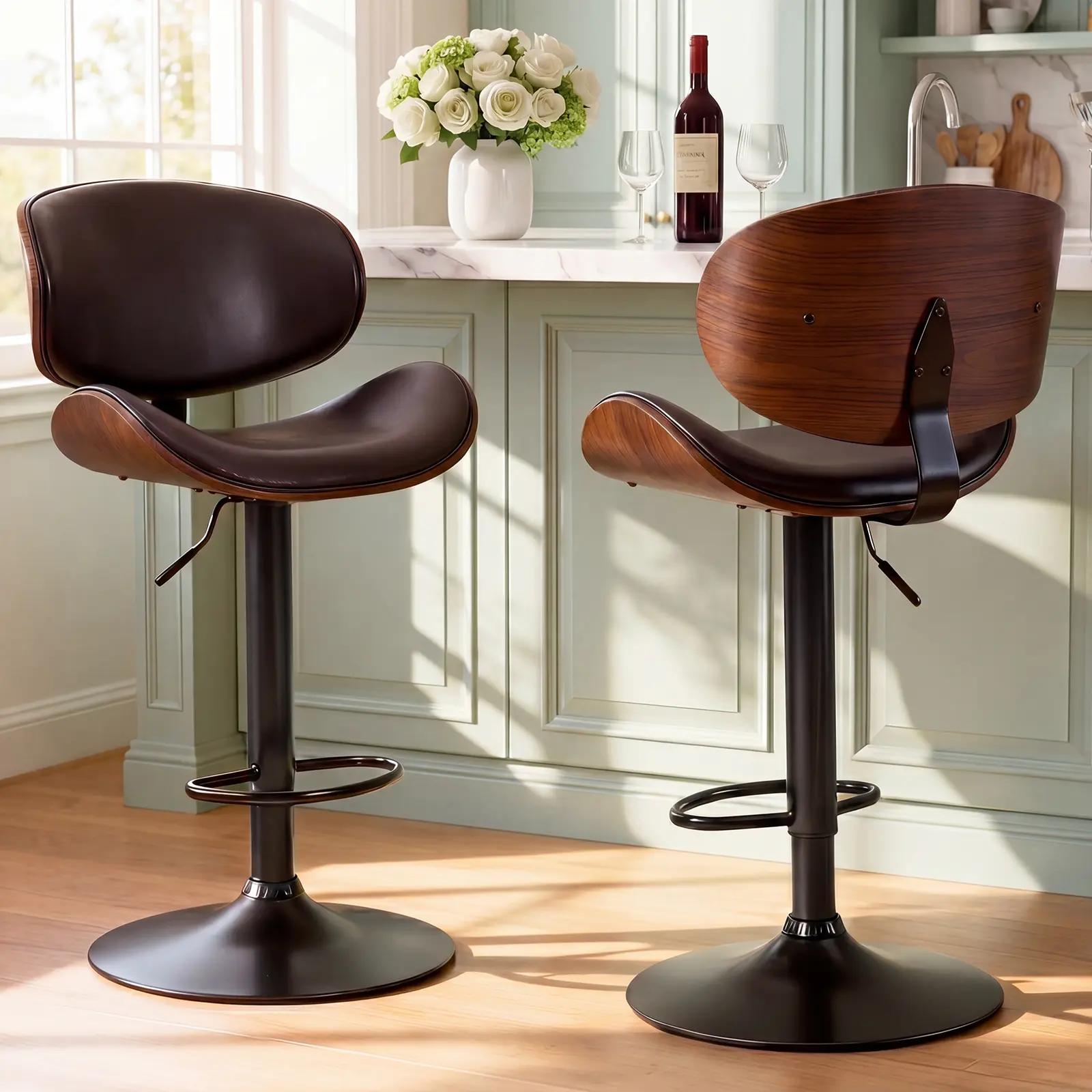 Sweetcrispy LIVE - Bar Stools Set of 2 for Kitchen Counter, Adjustable Bentwood Barstools, Modern PU Leather Upholstered Bar Chair with Back and Footrest, for Bar, Kitchen, Dining Room