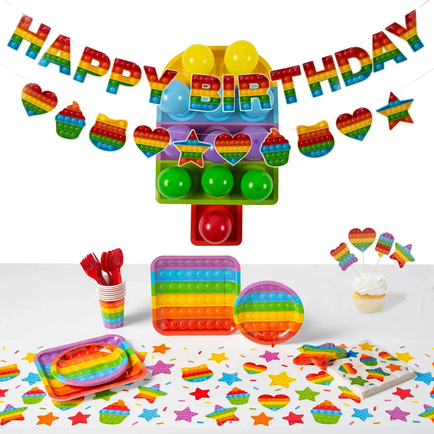 235-Pc Lotsa Pops Pop Fidget Toy Disposable Tableware Set for 24 Guests, Includes 54” x 108” Table Cover, Cupcake Toppers, Centerpiece for Birthday Bash