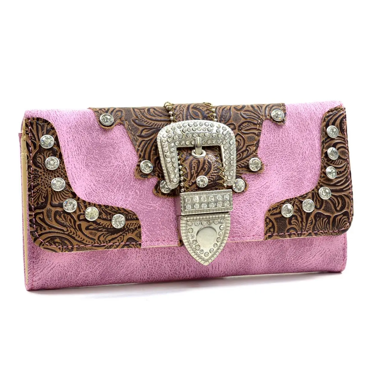RITZ Women's Western Purse Trifold Wallet - Pink, Western Rhinestone Bling Buckle Accents, Business Style Wallet, Western Purses