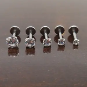 18G 2-4mm Tragus Clear CZ Stone Threadless 6mm Push Pin Triple Forward Helix Nose Ring Labret Lip Earrings Stainless Steel Prong Set