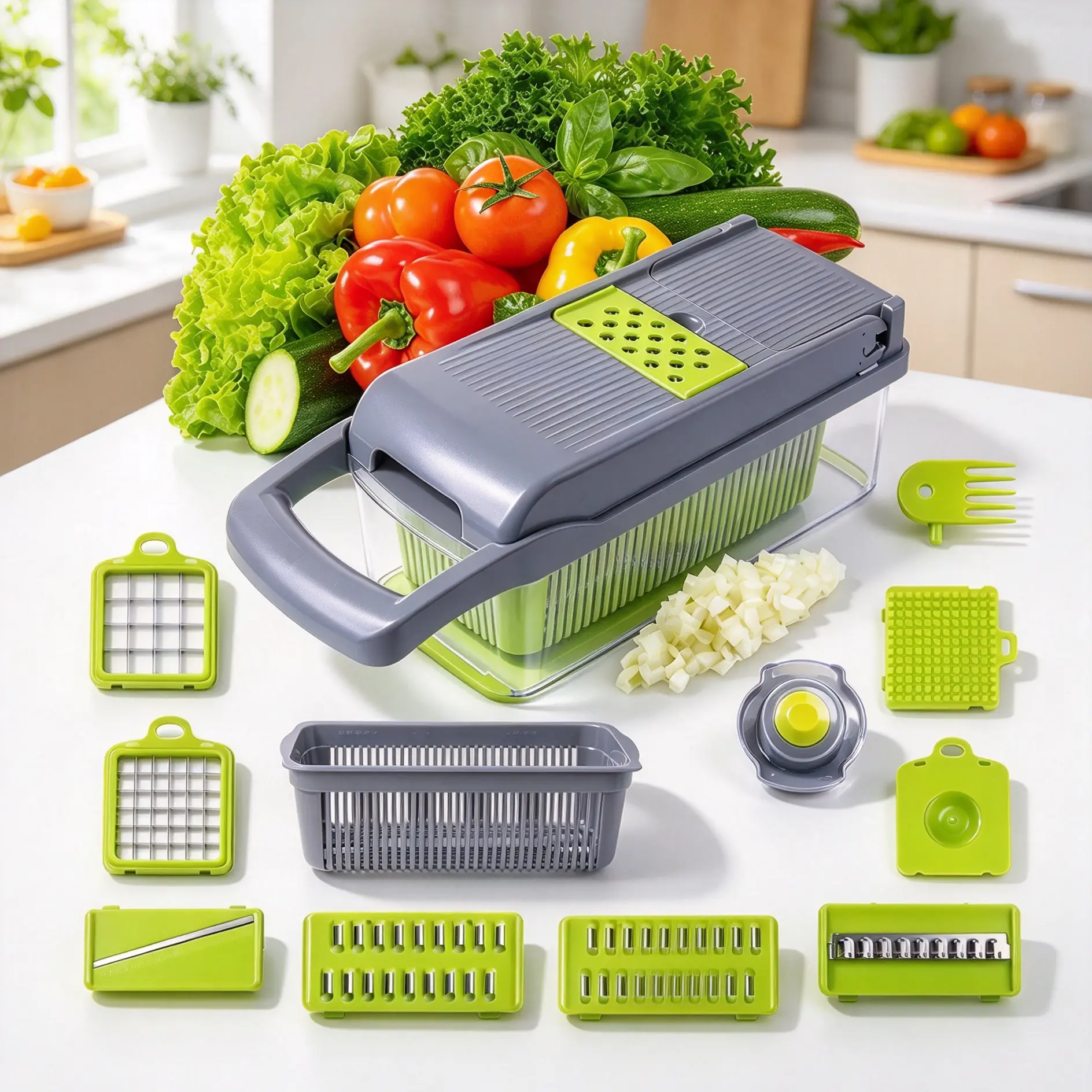 13-In-1 Kitchen Utensils Vegetable Chopper & Mandoline Slicer, Heavy-Duty Manual Food Chopper With 8 Rust-Resistant Stainless Steel Blades, Onion Dicer, Veggie Cutter, Drain Basket, Egg Separator, Storage Container For Fruit, Salad, Quick Meal Prep