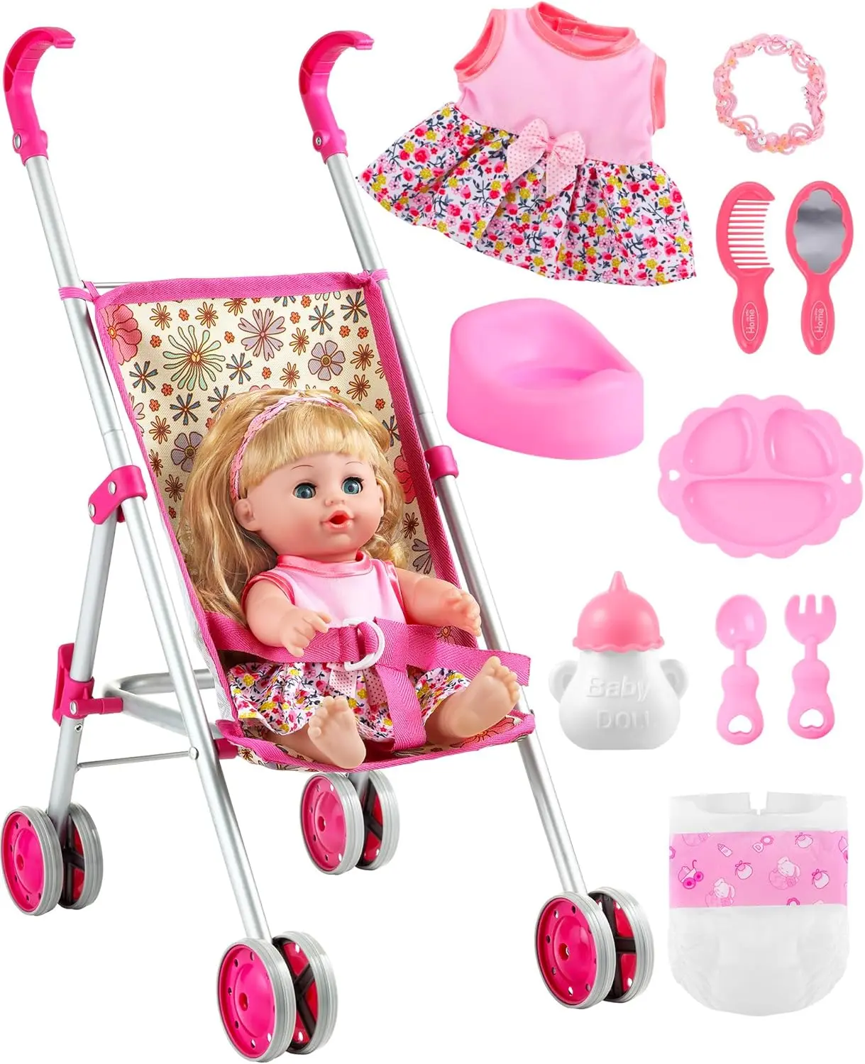 GAGAKU Baby Doll Stroller Playset with 12-inch Doll & Accessories, Foldable  Lightweight Toy Stroller for Toddler Girls Kids Ages 1-6, 12" Baby Doll and  Accessories Included - Daisies Pattern - TikTok Shop