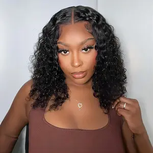 Curly Bob Wig Human Hair Curly Wave Glueless Wigs Human Hair Pre Plucked Pre Cut 13x4 Wear And Go Glueless HD Lace Closure Wigs Human Hair For Black Women 180% Density Black Color 14 Inch