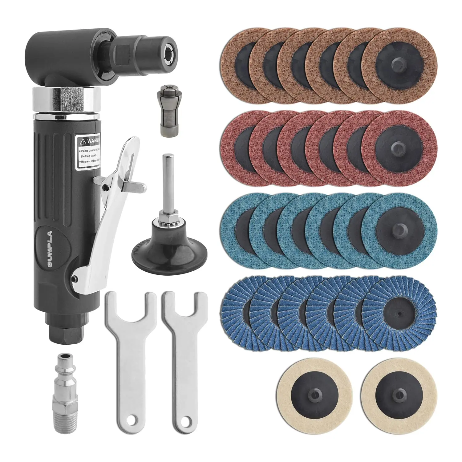 Gunpla Industrial 1/4-in 90° Air Die Grinder Power Tool, 20000 RPM, 26pcs Sanding Discs, Lightweight Aluminum Body, Safety Switch, for Polishing/Rust Removal on Boilers/Motorcycles, Tools and Gadgets, Grinding Polishing Machine