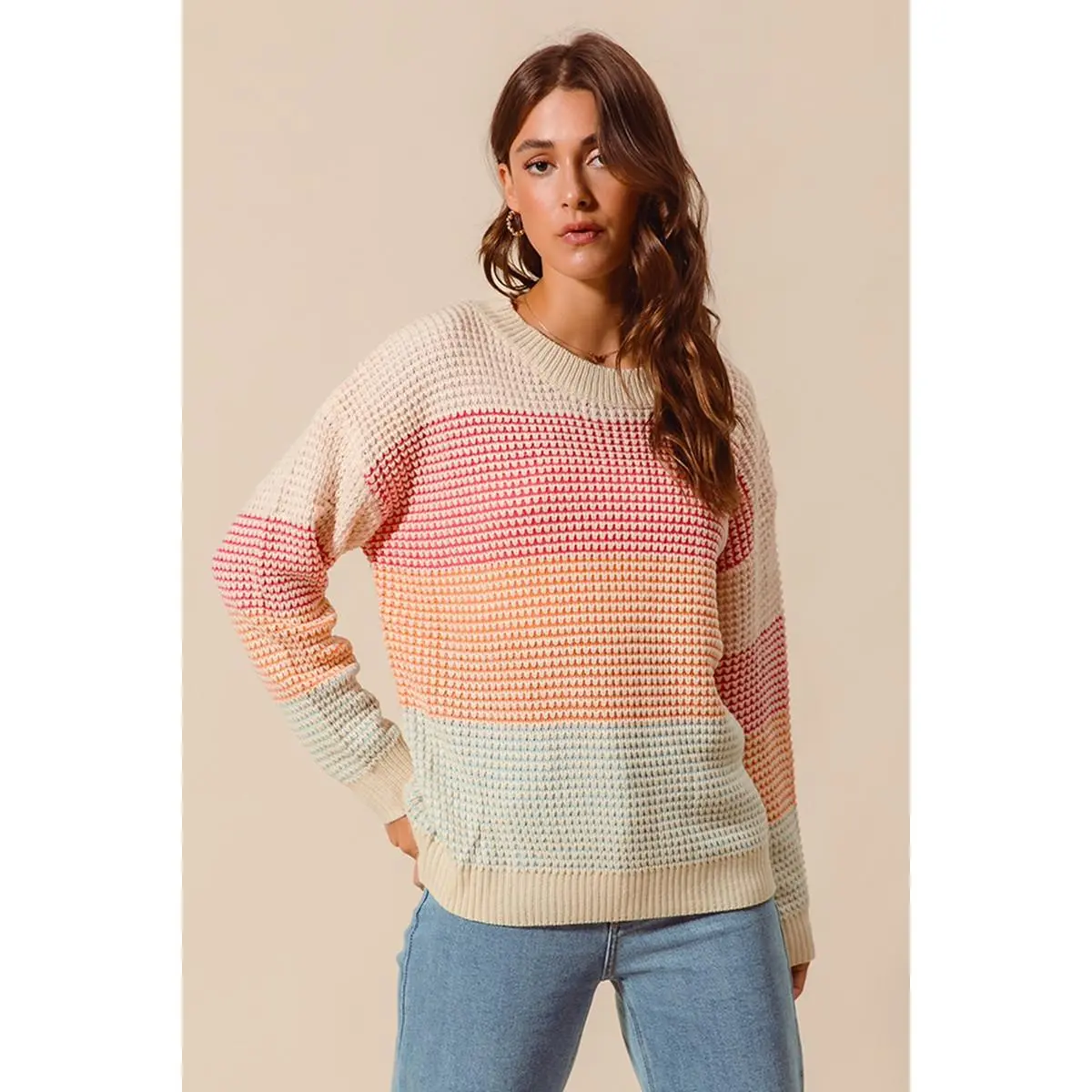 SO ME Multi Color Block Long Sleeve Sweater
