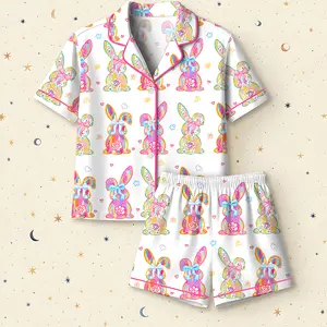Women’s Happy Easter Coquette Girly Bunny Long Sleeve Satin Pajama Set, Perfect Gift For Easter Day, For Girlfirends