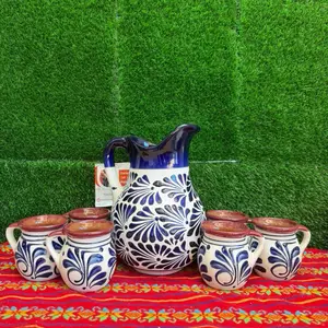 Relieve Pitcher Color Cobalto Set Mug Boca Marrón.