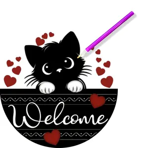 Black Cat Welcome Diamond Painting Kit, ROUND Drills, 12.5" Sign