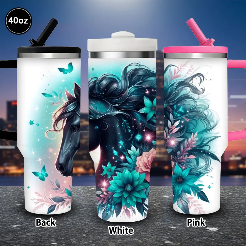 40oz Black Horse Vacuum Insulated Tumbler - Floral Sparkle Design, Lid & Straw, Travel Mug, Women's Birthday Gift, Suitable for Iced or Hot Coffee, Easter, Valentine’s Day