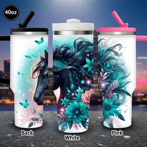 1 pc 40 oz Magical Black Horse Tumbler with Floral and Sparkle Design, with lid and straw; winter insulated travel mug; gift for women and men; ideal for Valentine’s Day, Easter, and birthdays; suitable for iced or hot coffee