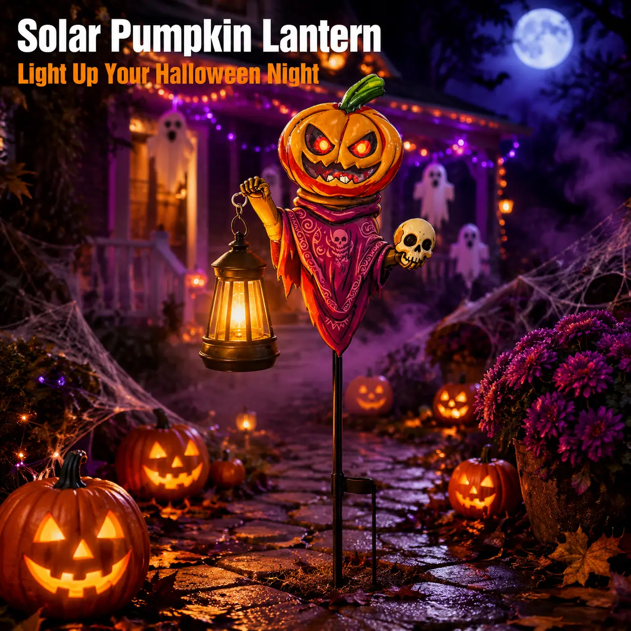 1/2 pc Halloween solar pumpkin ghost light stake, automatically turns on warm LED outdoor garden lights at dusk; pumpkin scarecrow decorations for courtyard, pathways, lawns, porches, and flowerbeds