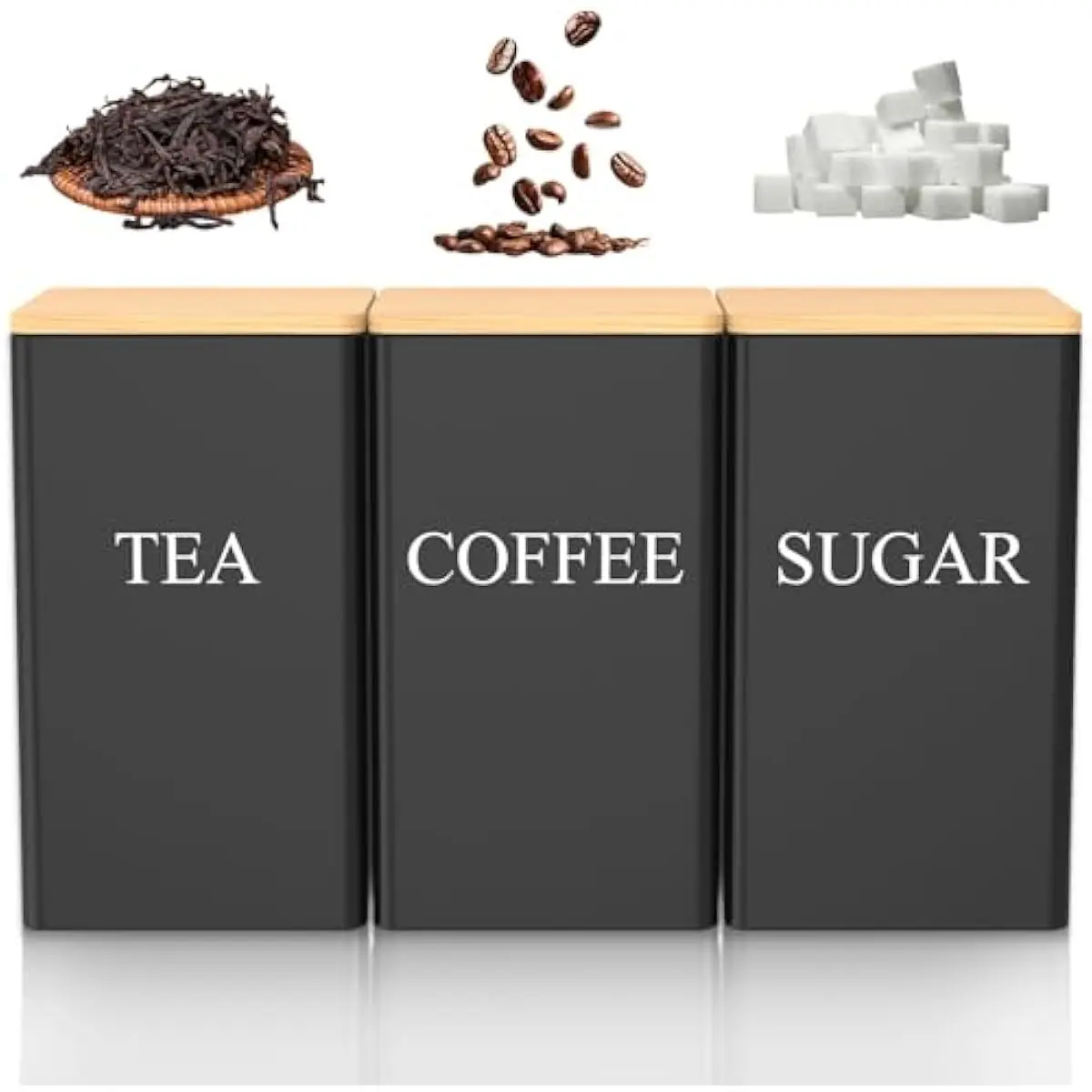 3 Pcs Coffee Tea Sugar Container Set, 1000 ML Metal Teas and Coffee Canisters Set with Bamboo Lids, Black Canisters Sets for Kitchen,Food Storage Container Jars for Kitchen Counter Storage