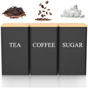 3 Pcs Coffee Tea Sugar Container Set, 1000 ML Metal Teas and Coffee Canisters Set with Bamboo Lids, Black Canisters Sets for Kitchen,Food Storage Container Jars for Kitchen Counter Storage
