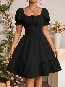 Fashionable Square Neck Short Sleeve Solid Color Dress - Summer Essential Style
